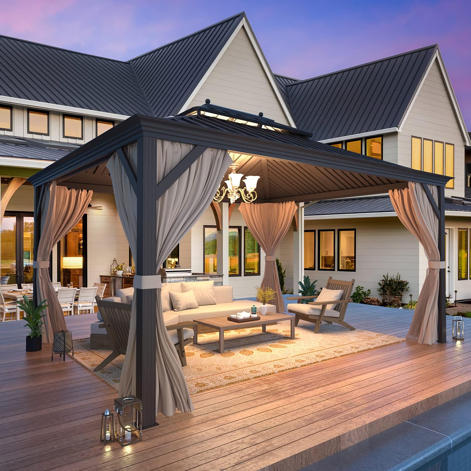 A MELLCOM aluminium gazebo lit at dusk over a furnished deck