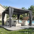MELLCOM 10 by 10 foot square aluminium louvered pergola with curtains
