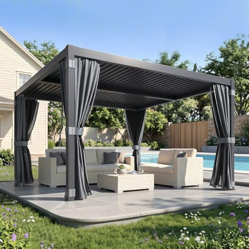 MELLCOM 10 by 10 foot square aluminium louvered pergola with curtains