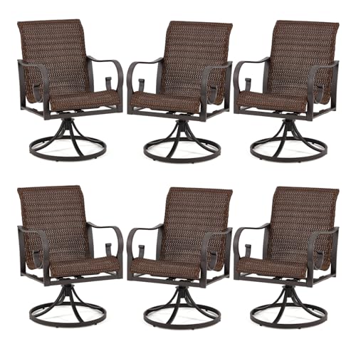 MELLCOM seven piece outdoor dining set with six brown swivel chairs and a rectangular table
