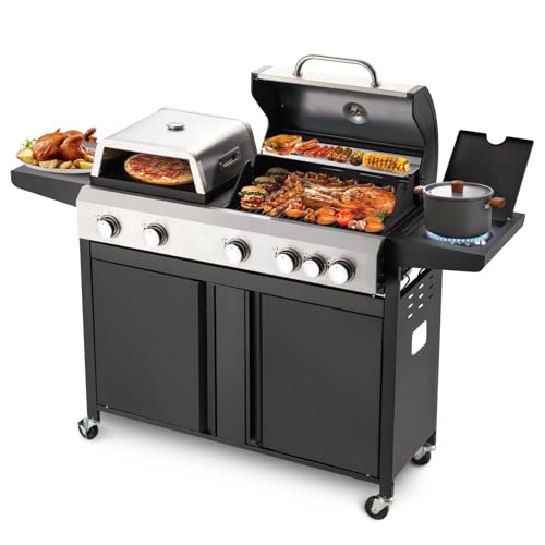 MELLCOM three in one pizza oven, griddle and five burner propane gas grill
